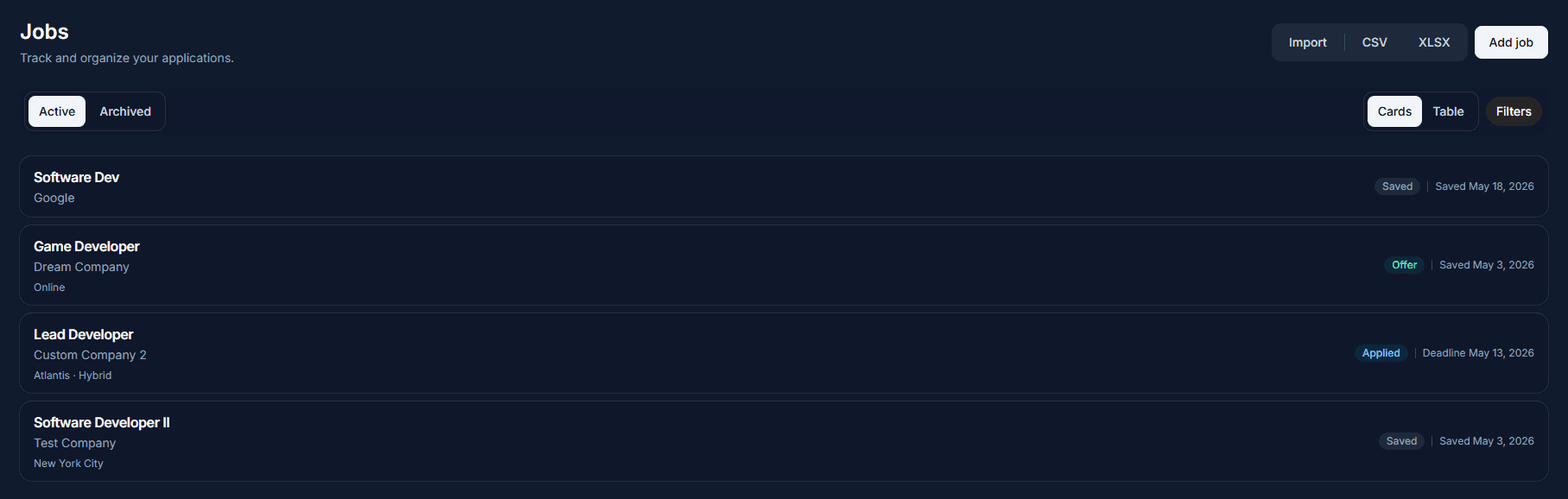 Track My Apps jobs list showing saved applications.