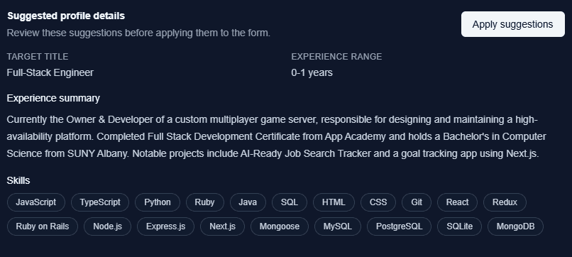 Track My Apps profile extraction workspace with reviewable AI suggestions from a resume.